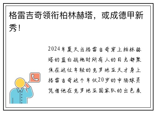 格雷吉奇领衔柏林赫塔，或成德甲新秀！